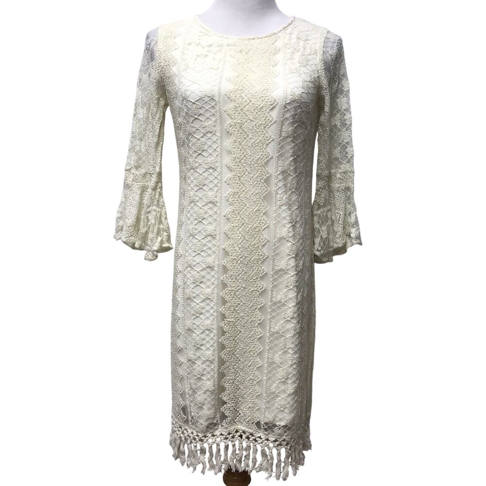 Dress Womens Small Cream Lace Tassel Hemline Bell Sleeves